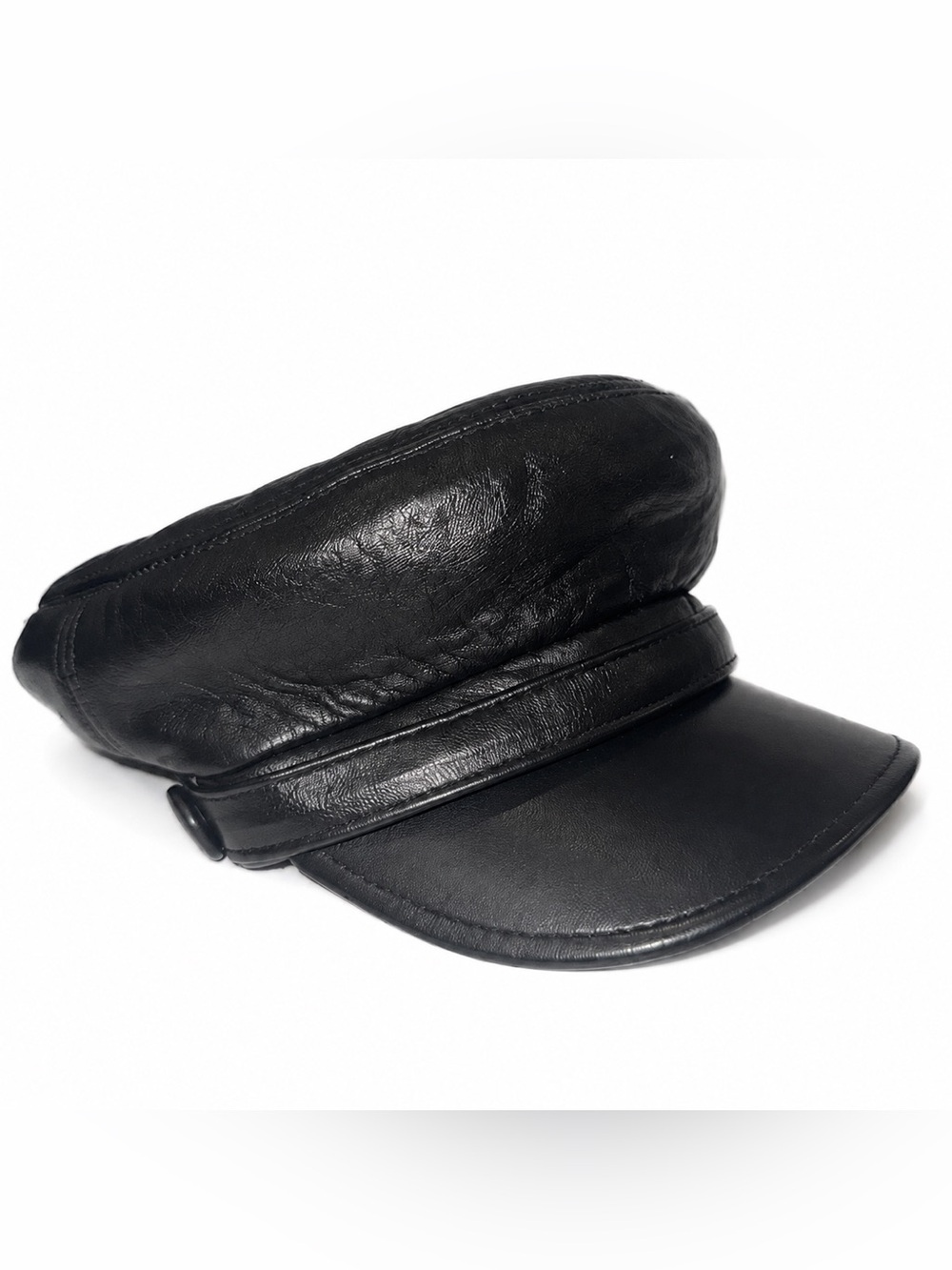 Black Leather Cap with Structured Visor
